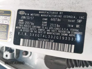 2018 Kia Optima LX with VIN 5XXGT4L33JG193537, listed as a IAAI auction lot 42033237 with 150,944 mi miles. Bid and sale history available at carsss.com. Image 9.