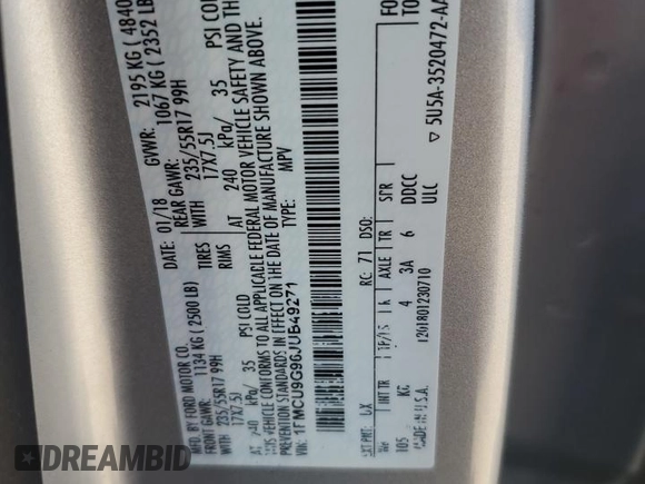 2018 Ford Escape SE z VIN 1FMCU9G96JUB49271, wystawiony jako Copart lot #50553205 z przebiegiem 91 123 mil mil oraz Szkoda całkowita • Salvage title. Historia ofert i sprzedaży dostępna na DreamBid. Obrazek 13.