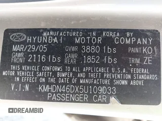2005 Hyundai Elantra GLS with VIN KMHDN46DX5U109033, listed as a IAAI auction lot 42586032 with 119,550 mi miles and . Bid and sale history available at DreamBid. Image 9.