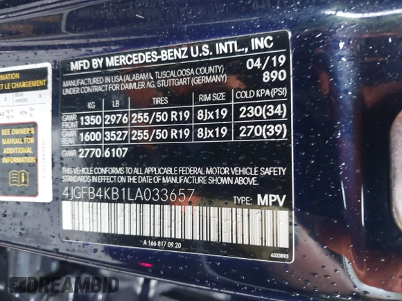 2020 Mercedes-Benz GLE 350 with VIN 4JGFB4KB1LA033657, listed as a IAAI auction lot 42162354 with 89,892 mi miles and . Bid and sale history available at DreamBid. Image 9.