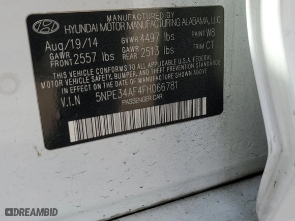 2015 Hyundai Sonata 2.4L Limited with VIN 5NPE34AF4FH066781, listed as a Copart auction lot 83952764 with 178,561 mi miles and Salvage Title. Bid and sale history available at carsss.com. Image 14.