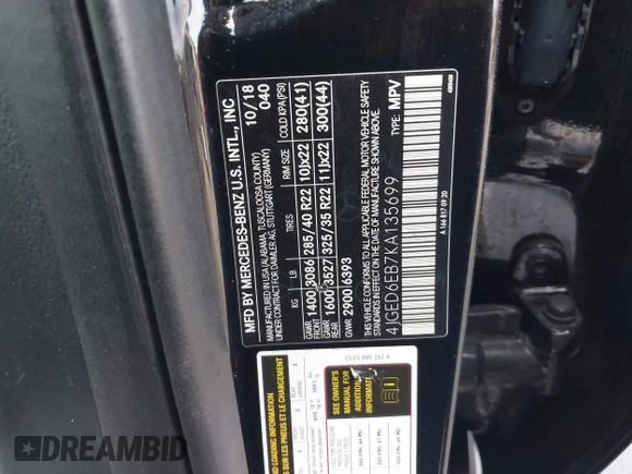 2019 Mercedes-Benz GLE 43 AMG with VIN 4JGED6EB7KA135699, listed as a IAAI auction lot 41771297 with 77,025 mi miles and . Bid and sale history available at DreamBid. Image 9.