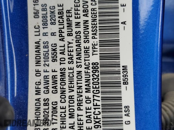 2016 Honda Civic EX-L z VIN 19XFC1F77GE032988, wystawiony jako Copart lot #58407275 z przebiegiem 115 869 mil mil oraz Szkoda całkowita • Salvage title. Historia ofert i sprzedaży dostępna na DreamBid. Obrazek 13.