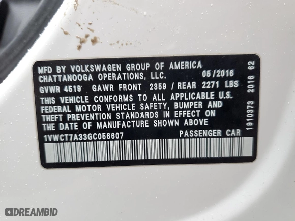 2016 Volkswagen Passat 1.8T SEL with VIN 1VWCT7A33GC056607, listed as a Copart auction lot 41484155 with 0 mi miles and Salvage Title. Bid and sale history available at carsss.com. Image 15.