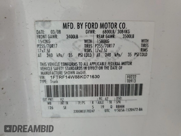 2008 Ford F-150 XL with VIN 1FTRF14W88KD71630, listed as a Copart auction lot 88882335 with 0 mi miles and Clean Title. Bid and sale history available at carsss.com. Image 12.