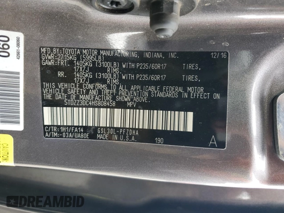 2017 Toyota Sienna L with VIN 5TDZZ3DC4HS808458, listed as a Copart auction lot 43667855 with 170,546 mi miles and Salvage Title. Bid and sale history available at DreamBid. Image 14.