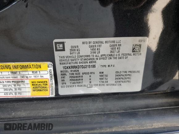 2013 GMC Acadia SLT with VIN 1GKKRRKD7DJ215186, listed as a Copart auction lot 48589585 with 183,373 mi miles and Salvage Title. Bid and sale history available at carsss.com. Image 13.