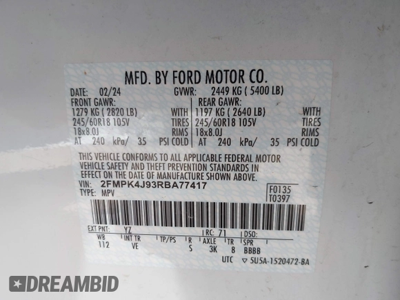 2024 Ford Edge SEL with VIN 2FMPK4J93RBA77417, listed as a IAAI auction lot 42133267 with 29,059 mi miles. Bid and sale history available at carsss.com. Image 9.