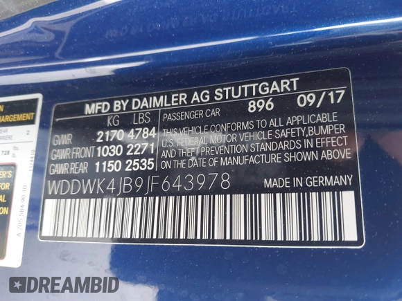 2018 Mercedes-Benz C 300 with VIN WDDWK4JB9JF643978, listed as a IAAI auction lot 41896576 with 59,443 mi miles and . Bid and sale history available at DreamBid. Image 9.