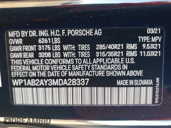 2021 Porsche Cayenne S with VIN WP1AB2AY3MDA28337, listed as a Copart auction lot 77915824 with Not provided miles and Salvage title. Bid and sale history available at DreamBid. Image 15.