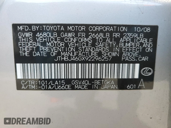 2009 Lexus ES 330 with VIN JTHBJ46GX92296257, listed as a Copart auction lot 55295665 with 181,295 mi miles and Clean Title. Bid and sale history available at DreamBid. Image 12.