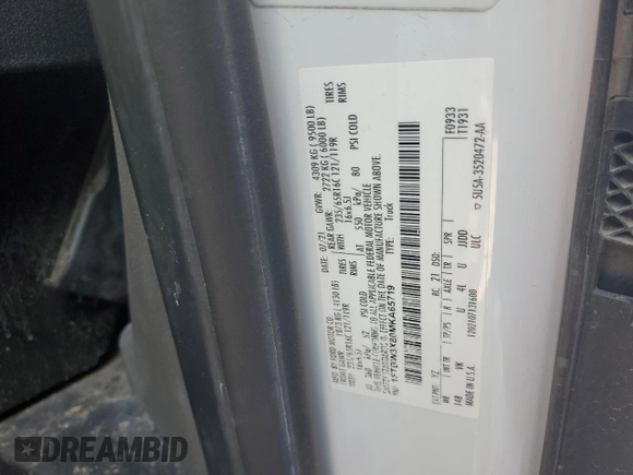 2021 Ford Transit Cargo with VIN 1FTBW3X80MKA65719, listed as a Copart auction lot 46343285 with 85,486 mi miles and Salvage Title. Bid and sale history available at carsss.com. Image 13.