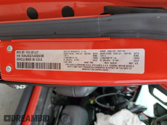 2020 Jeep Wrangler Rubicon with VIN 1C4HJXCG1LW324108, listed as a Copart auction lot 41880383 with 49,691 mi miles and . Bid and sale history available at DreamBid. Image 12.