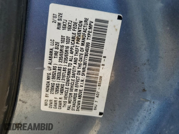 2007 Honda Odyssey EX-L with VIN 5FNRL38777B049399, listed as a Copart auction lot 49046735 with 281,706 mi miles and Clean Title. Bid and sale history available at DreamBid. Image 13.