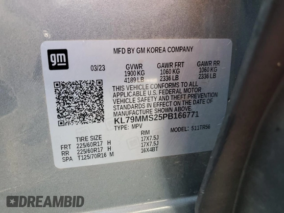2023 Chevrolet TrailBlazer LS with VIN KL79MMS25PB166771, listed as a Copart auction lot 61728424 with 11,474 mi miles and Salvage Title. Bid and sale history available at DreamBid. Image 13.