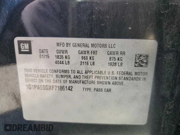 2015 Chevrolet Cruze LS with VIN 1G1PA5SGXF7186142, listed as a Copart auction lot 56368125 with 102,005 mi miles and Salvage Title. Bid and sale history available at DreamBid. Image 12.
