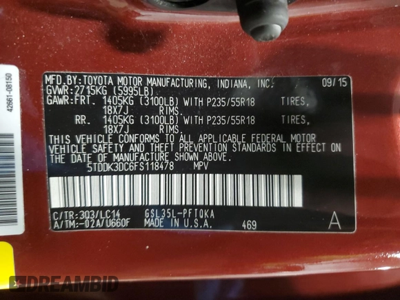 2015 Toyota Sienna Ltd with VIN 5TDDK3DC6FS118478, listed as a Copart auction lot 47100715 with 137,236 mi miles and Salvage Title. Bid and sale history available at carsss.com. Image 14.