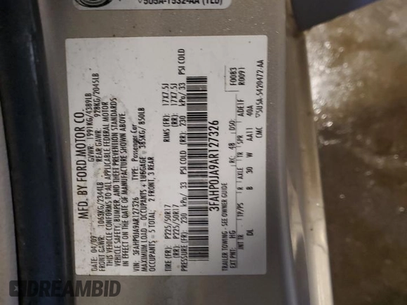 2010 Ford Fusion SEL with VIN 3FAHP0JA9AR127326, listed as a Copart auction lot 49787225 with 118,992 mi miles and Non Repairable. Bid and sale history available at DreamBid. Image 14.
