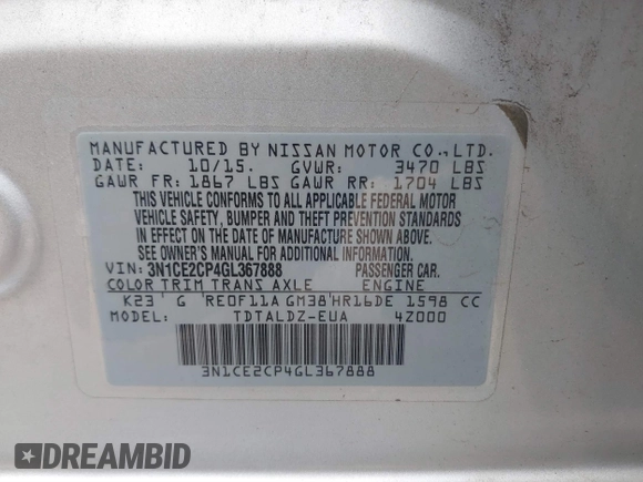2016 Nissan Note SV with VIN 3N1CE2CP4GL367888, listed as a IAAI auction lot 39296117 with 101,041 mi miles and . Bid and sale history available at DreamBid. Image 9.