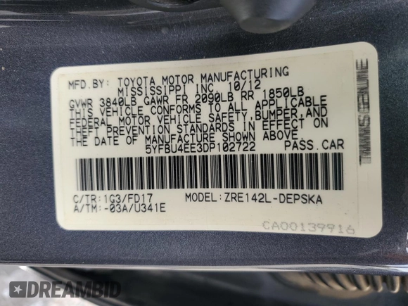 2013 Toyota Corolla L with VIN 5YFBU4EE3DP102722, listed as a Copart auction lot 54078845 with 90,450 mi miles and Salvage Title. Bid and sale history available at DreamBid. Image 12.