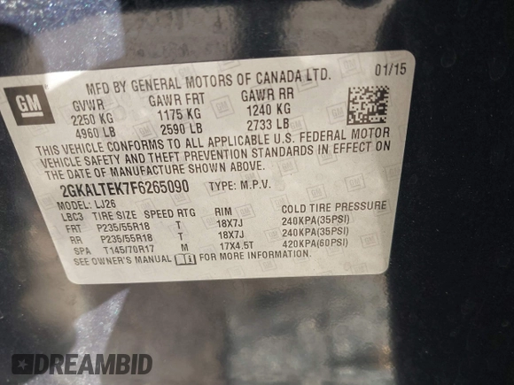 2015 GMC Terrain SLT with VIN 2GKALTEK7F6265090, listed as a IAAI auction lot 41405821 with 116,208 mi miles and . Bid and sale history available at DreamBid. Image 9.