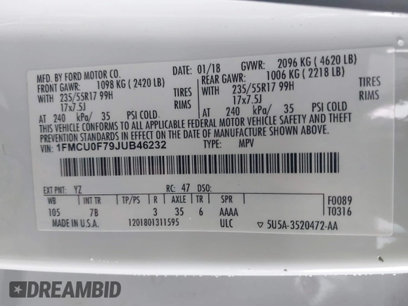 2018 Ford Escape S с VIN 1FMCU0F79JUB46232, выставлен на аукционе IAAI как лот 42434765 с пробегом 40 327 миль миль и . История ставок и продаж доступна на DreamBid. Изображение 9.