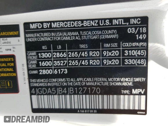 2018 Mercedes-Benz GLE 350 с VIN 4JGDA5JB4JB127170, выставлен на аукционе Copart как лот 59782105 с пробегом 81 468 миль миль и Списание • Salvage title. История ставок и продаж доступна на DreamBid. Изображение 14.