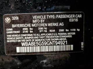 2016 BMW 3 Series 320i xDrive with VIN WBA8E5G59GNT94921, listed as a Copart auction lot 46319145 with 81,955 mi miles and Salvage Title. Bid and sale history available at carsss.com. Image 12.