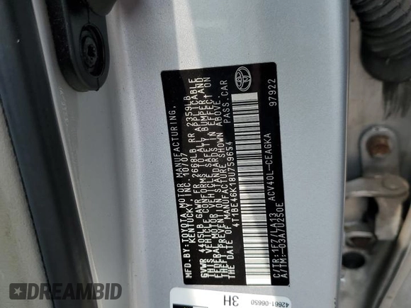 2008 Toyota Camry LE z VIN 4T1BE46K18U759654, wystawiony jako Copart lot #59986745 z przebiegiem 233 150 mil mil oraz Szkoda całkowita • Salvage title. Historia ofert i sprzedaży dostępna na DreamBid. Obrazek 12.