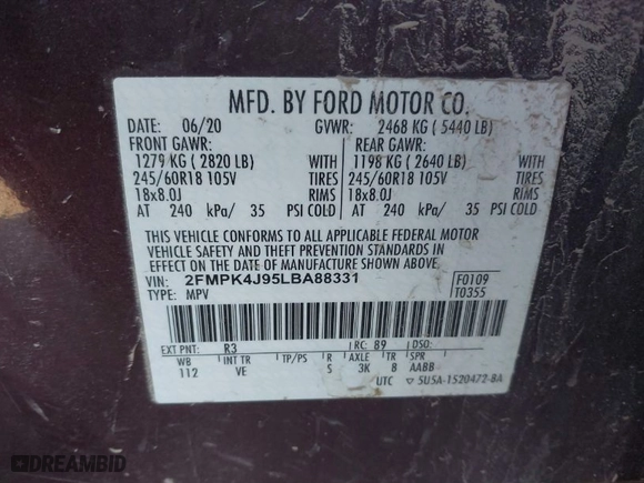2020 Ford Edge SEL with VIN 2FMPK4J95LBA88331, listed as a IAAI auction lot 41013468 with 129,755 mi miles. Bid and sale history available at carsss.com. Image 9.