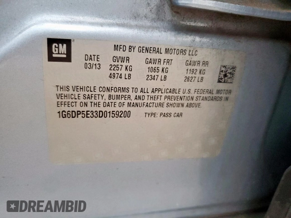 2013 Cadillac CTS Premium with VIN 1G6DP5E33D0159200, listed as a Copart auction lot 59144745 with 68,495 mi miles and Salvage title. Bid and sale history available at DreamBid. Image 13.