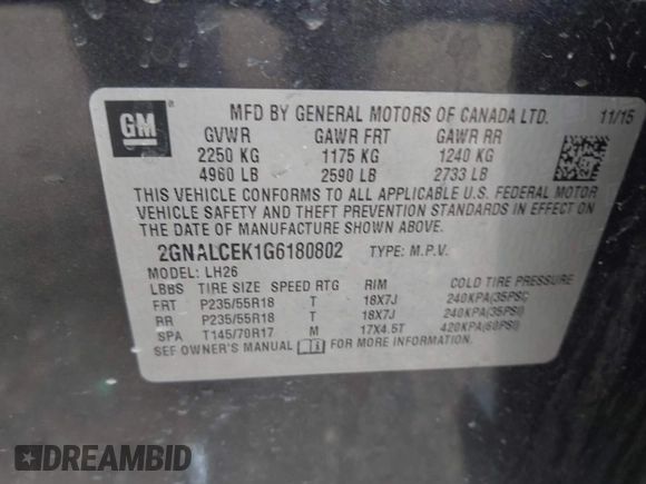 2016 Chevrolet Equinox LT with VIN 2GNALCEK1G6180802, listed as a IAAI auction lot 42156712 with 143,993 mi miles and . Bid and sale history available at carsss.com. Image 9.