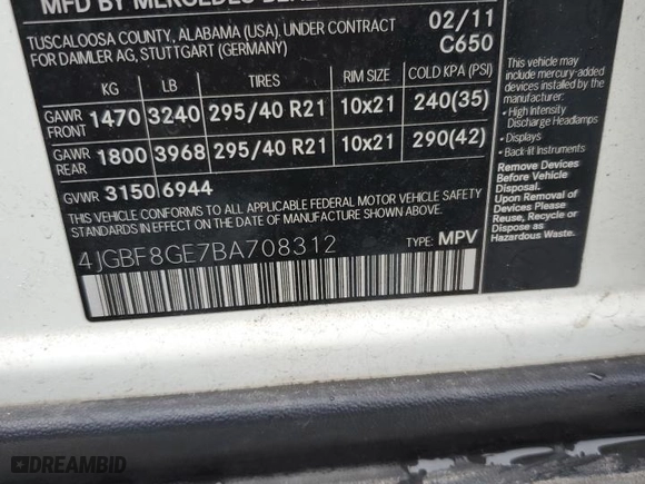 2011 Mercedes-Benz GL-Class GL 550 with VIN 4JGBF8GE7BA708312, listed as a Copart auction lot 42354585 with 158,975 mi miles and Salvage Title. Bid and sale history available at carsss.com. Image 13.