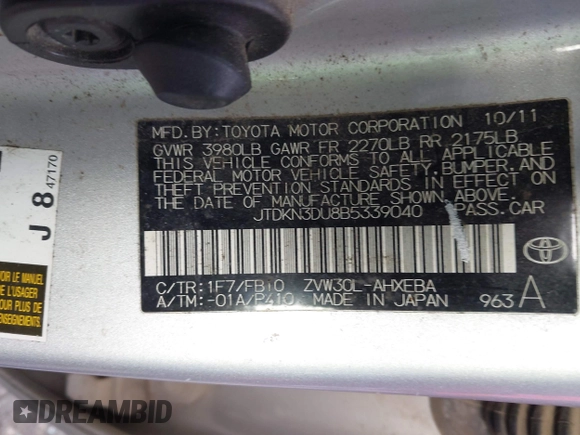 2011 Toyota Prius I with VIN JTDKN3DU8B5339040, listed as a IAAI auction lot 41729244 with 213,628 mi miles. Bid and sale history available at carsss.com. Image 9.
