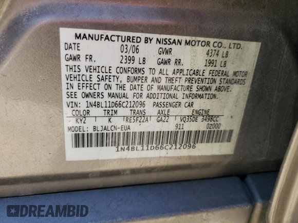 2006 Nissan Altima SL z VIN 1N4BL11D66C212096, wystawiony jako Copart lot #49271125 z przebiegiem 185 181 mil mil oraz Szkoda całkowita • Salvage title. Historia ofert i sprzedaży dostępna na DreamBid. Obrazek 12.