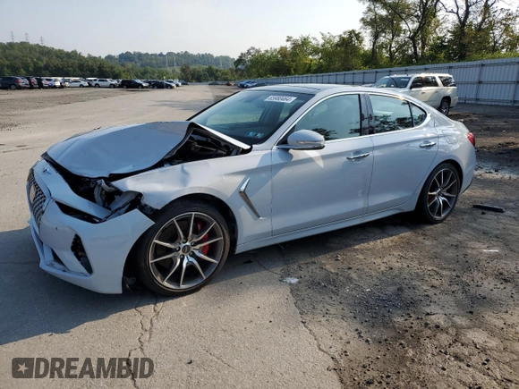 2021 Genesis G70 3.3T with VIN KMTG74LE9MU074297, listed as a Copart auction lot 65980464 with 14,491 mi miles and Salvage Title. Bid and sale history available at carsss.com. Image 1.