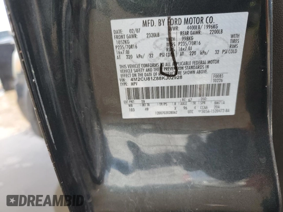 2008 Mercury Mariner with VIN 4M2CU81Z88KJ02928, listed as a Copart auction lot 45506965 with 197,502 mi miles and Salvage title. Bid and sale history available at DreamBid. Image 12.