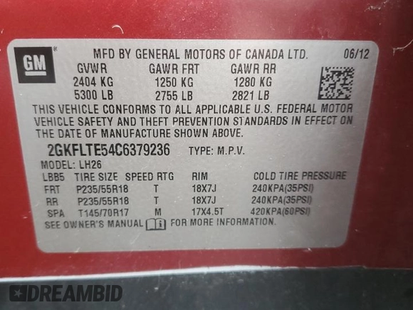 2012 GMC Terrain SLE-2 with VIN 2GKFLTE54C6379236, listed as a Copart auction lot 55805125 with 184,044 mi miles and Clean Title. Bid and sale history available at DreamBid. Image 13.