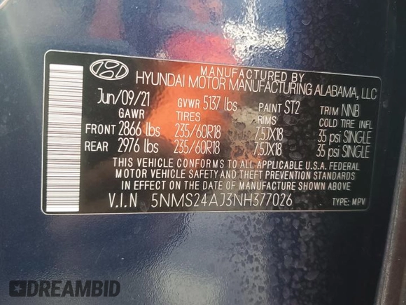 2022 Hyundai Santa Fe SEL with VIN 5NMS24AJ3NH377026, listed as a Copart auction lot 52202505 with 33,051 mi miles and Salvage Title. Bid and sale history available at DreamBid. Image 13.