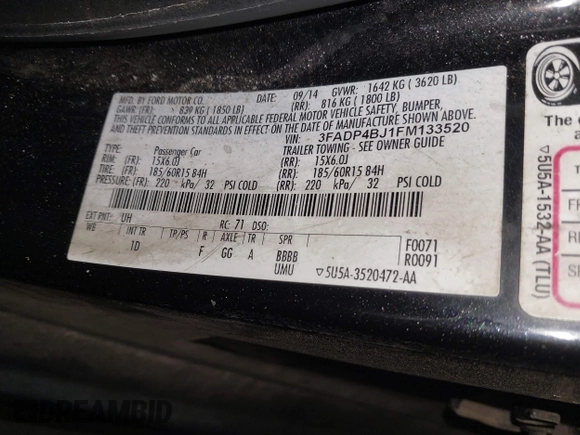 2015 Ford Fiesta SE with VIN 3FADP4BJ1FM133520, listed as a IAAI auction lot 42229311 with 174,734 mi miles and . Bid and sale history available at DreamBid. Image 9.