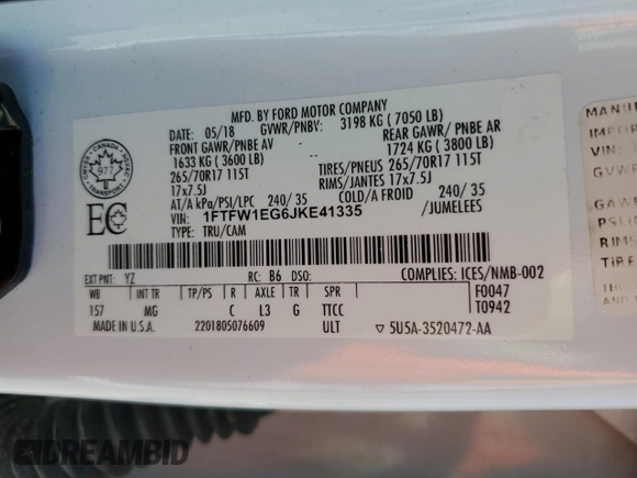 2018 Ford F-150 XL with VIN 1FTFW1EG6JKE41335, listed as a Copart auction lot 53473855 with 138,113 mi miles and Salvage title. Bid and sale history available at DreamBid. Image 12.