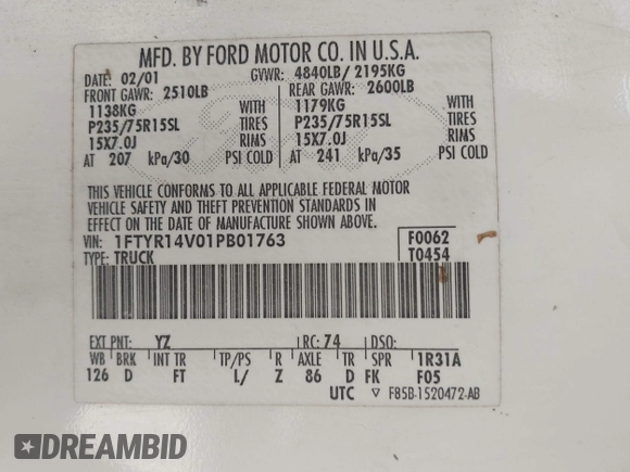 2001 Ford Ranger XL with VIN 1FTYR14V01PB01763, listed as a IAAI auction lot 42200132 with 202,457 mi miles and . Bid and sale history available at DreamBid. Image 9.