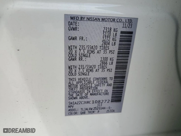 2024 Nissan Murano SL with VIN 5N1AZ2CJXRC108272, listed as a Copart auction lot 47279045 with 13,876 mi miles and Salvage Title. Bid and sale history available at carsss.com. Image 13.