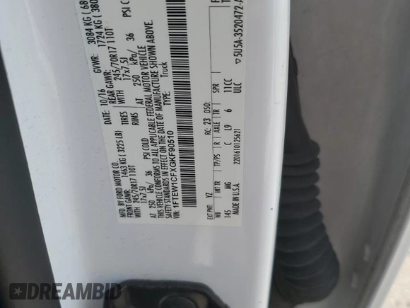 2016 Ford F-150 XL z VIN 1FTEW1CFXGKF90510, wystawiony jako Copart lot #57212135 z przebiegiem 167 678 mil mil oraz Szkoda całkowita • Salvage title. Historia ofert i sprzedaży dostępna na DreamBid. Obrazek 12.