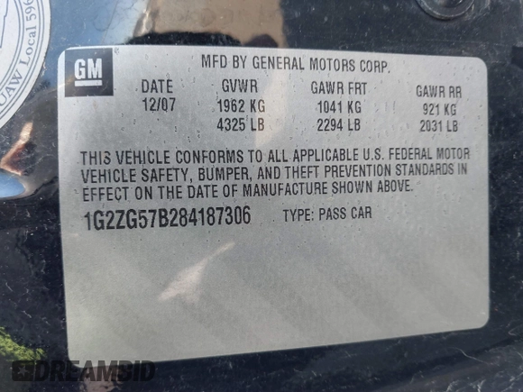 2008 Pontiac G6 with VIN 1G2ZG57B284187306, listed as a IAAI auction lot 41871959 with 190,744 mi miles. Bid and sale history available at carsss.com. Image 9.