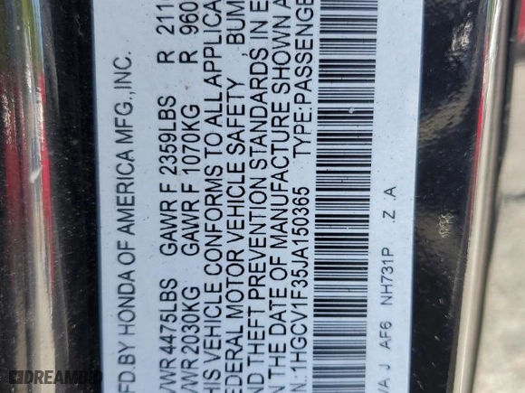 2018 Honda Accord Sedan Sport 1.5T with VIN 1HGCV1F35JA150365, listed as a Copart auction lot 50226995 with 160,584 mi miles and Salvage Title. Bid and sale history available at carsss.com. Image 12.