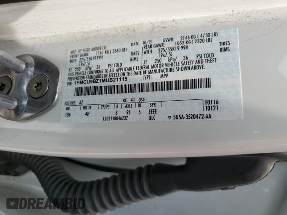 2021 Ford Escape SE Hybrid with VIN 1FMCU9BZ1MUB21115, listed as a Copart auction lot 60220795 with 73,083 mi miles and Salvage title. Bid and sale history available at DreamBid. Image 13.