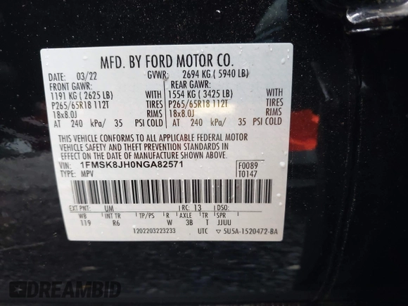 2022 Ford Explorer Timberline z VIN 1FMSK8JH0NGA82571, wystawiony jako IAAI lot #42244823 z przebiegiem 36 858 mil mil oraz . Historia ofert i sprzedaży dostępna na DreamBid. Obrazek 9.