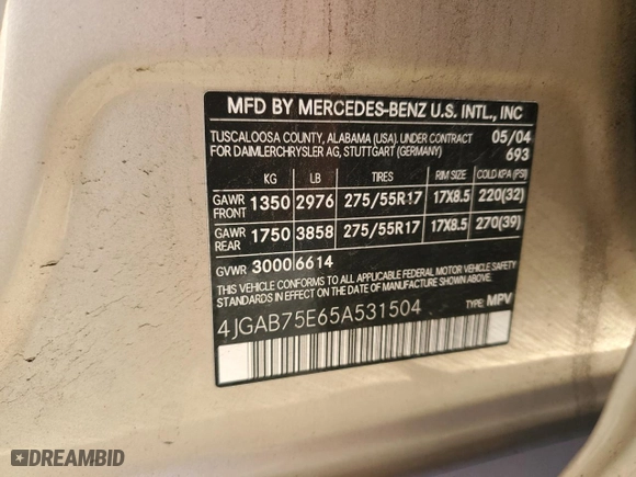 2005 Mercedes-Benz M-Class 5.0L with VIN 4JGAB75E65A531504, listed as a Copart auction lot 79095264 with NaN miles and Salvage Title. Bid and sale history available at carsss.com. Image 13.