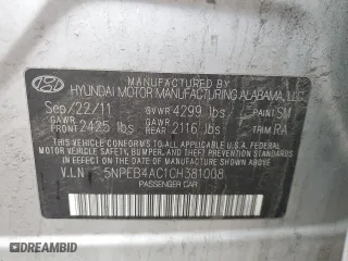 2012 Hyundai Sonata GLS PZEV with VIN 5NPEB4AC1CH381008, listed as a Copart auction lot 46790295 with 190,887 mi miles and Salvage Title. Bid and sale history available at carsss.com. Image 12.